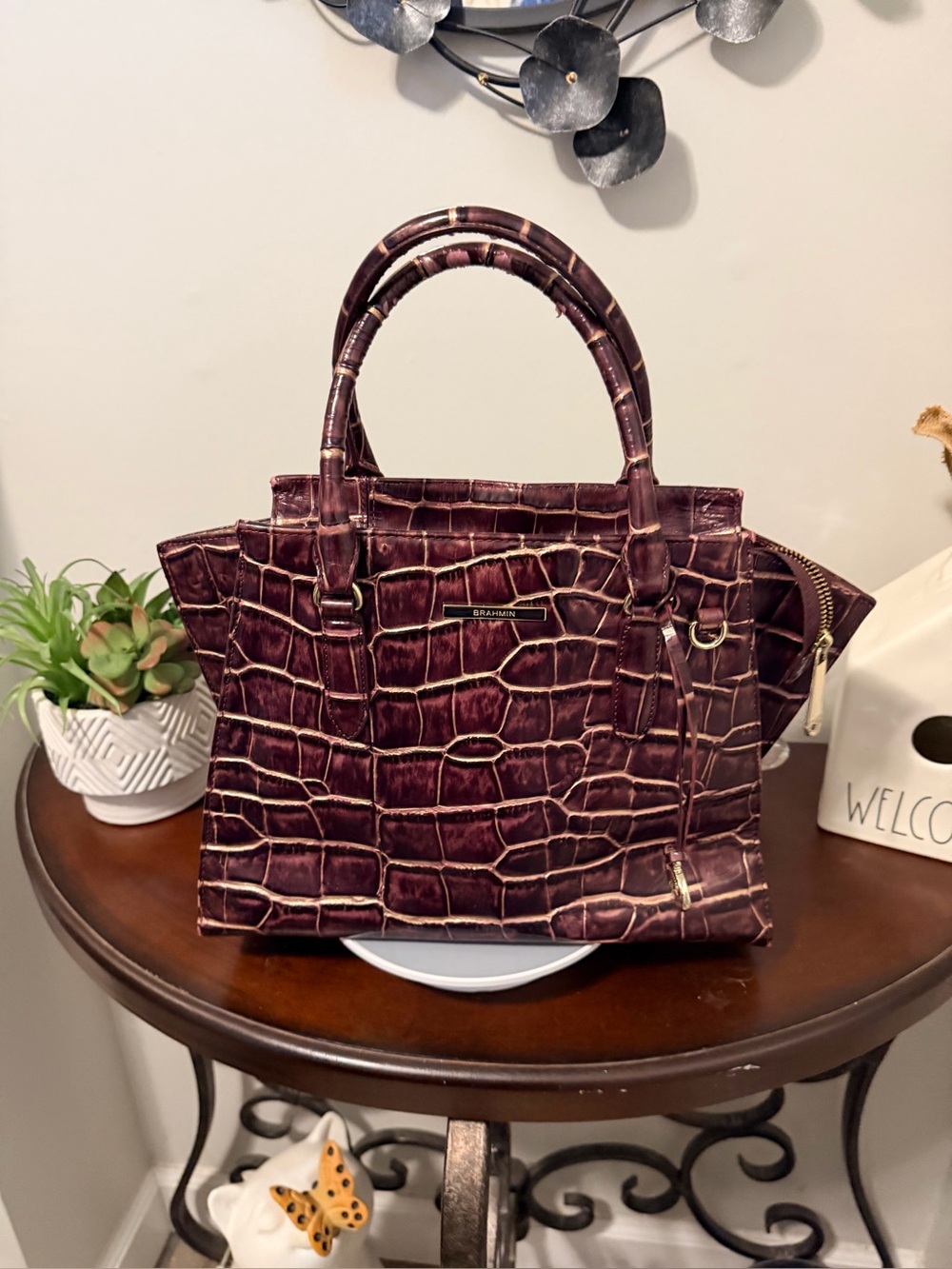 Brahmin port Volotion Priscilla Satchel in Deep Plum and Gold Accents